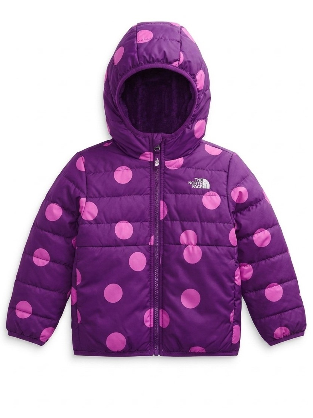 The North Face Girl’s Reversible Purple Polka Dot Puffer Jacket with Pink Dots